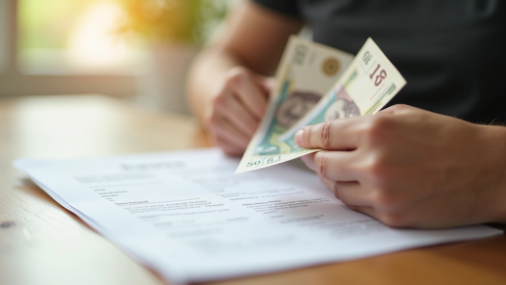 Hands holding cash and rental agreement documents on a table