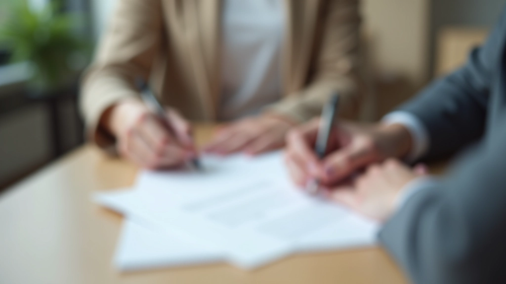 Tenant signing lease agreement with landlord present, official documents on table with signature line visible