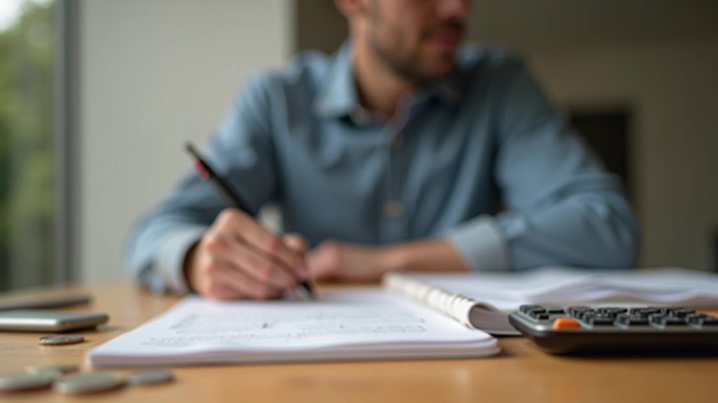 Person writing budget amounts in notebook with calculator and coins on wooden desk