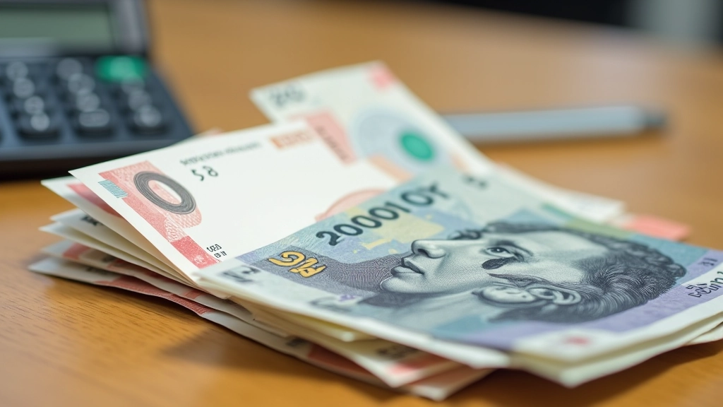 Close-up of Singapore dollar notes stacked on table with calculator showing rental amount