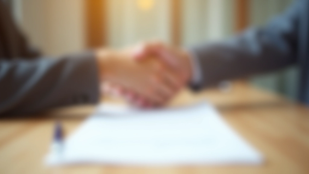 Tenant and landlord shaking hands with signed tenancy agreement on table