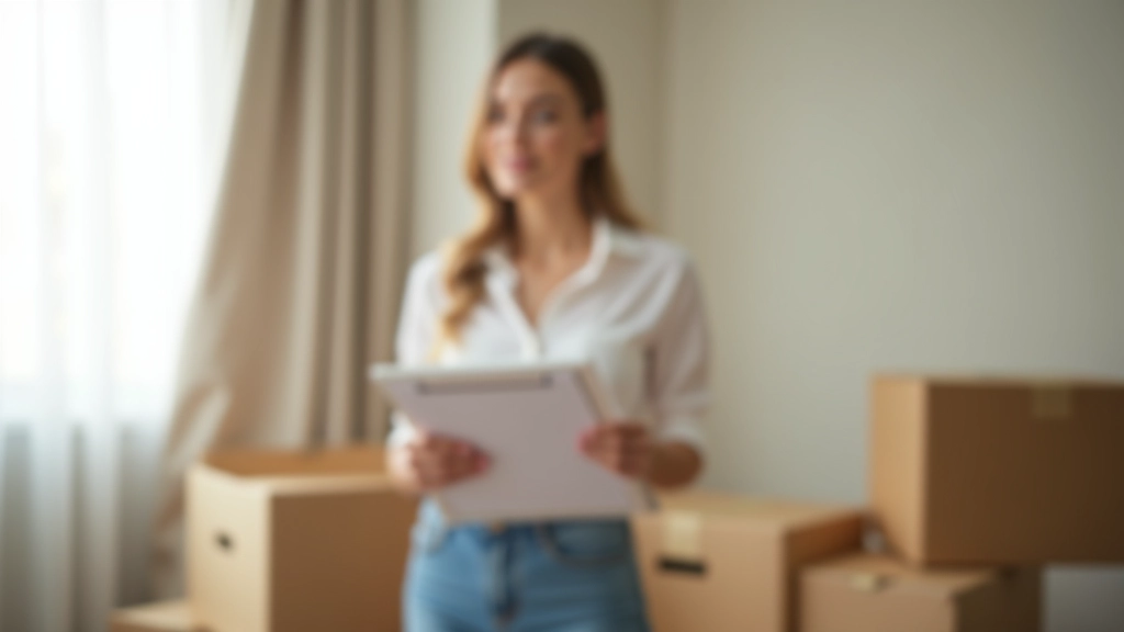 Moving boxes stacked in empty apartment with woman reviewing checklist